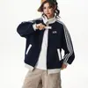 Chaqueta deportiva a rayas de bloques de color estilo americano para hombres y mujeres, otoño, resistente, marca de moda, cuello alto, chaqueta de béisbol, cárdigan holgado