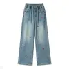 Pantalones vaqueros de otoño para niñas, nuevo estilo 2026 para niños mayores con bordado de estrellas, diseño de pierna curva, pantalones de pierna ancha holgados y pantalones largos con dobladillo acampanado