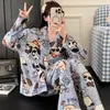 Nuevo cárdigan de otoño con cuello invertido, pijama de algodón nube para mujer, de manga larga y pantalón largo, conjunto de ropa de casa casual linda de dibujos animados