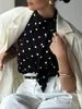 2025 Otoño Transfronterizo Nuevo Diseño Estilo Chica Caliente Americana Camisola con Cordones de Lunares de Ácido Acético Imitación de Cuello Halter para Mujer