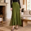 Saia longa de renda lateral com corte A para mulheres, saia de cetim de alta qualidade, saia bodycon elegante de cintura alta
