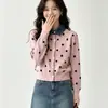 Cárdigan de punto con patchwork de mezclilla, estilo falso dos piezas de lunares, para mujer, nuevo estilo otoño e invierno, suéter chaqueta top juvenil y dulce estilo universitario