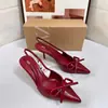 Sapatos de salto fino femininos novos e estilosos, sem costas, salto agulha, bico fino, bico pontudo, sandálias de tira única, primavera e outono, estilo elegante, com laço