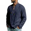 Camisa de lino para hombre de manga larga para primavera y otoño, con cuello mao y diseño de corbata cruzada, camisa casual tipo pullover para hombre