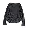 Camiseta de punto suave y ligera para mujer, cuello en V, protección solar, manga larga, ligeramente transparente, top fino de color liso versátil para verano