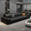 Sofá Grande de Piel de Vaca Negra, Sala de Estar Minimalista Moderna Estilo Italiano, Piel Resistente a Arañazos de Gato, Sofá de Látex Recto en Bloque para Alquiler de Apartamento