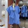 Roupas Femininas Transfronteiriças Europeias e Americanas 2025 Nova Moda Outono Lapela Listras Azuis Camisa Cinturada Terno Shorts de Perna Larga