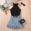 Ropa infantil transfronteriza de Amazon SHEIN chaleco liso para niñas top sin mangas traje de falda plisada de mezclilla con bolsa abierta