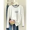Camiseta de manga larga de algodón puro azul marino para mujer, un look elegante y versátil de dos piezas, con colores contrastantes, disponible en tallas grandes y adecuada para uso casual.