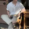 Camisa de Manga Corta con Cuello Henry 2025 para Hombre Verano Estilo Coreano Holgada Casual Color Sólido Perezosa Versátil Cuello Semi Abierto t
