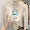 Camiseta interior base de forro polar de doble cara para niñas, nueva camiseta casual versátil con estampado de dibujos animados, camiseta de cuello alto a la moda