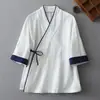 Camisa de algodón y lino con cordones, estilo Hanfu modificado retro chino, cuello en V diagonal, cárdigan de talla grande, atuendo de té inspirado en Zen