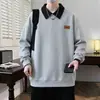 Sudadera con cuello para hombre, camiseta base holgada casual, top pullover estilo "old money" coreano, sudadera de manga larga para hombre de dos piezas falsas