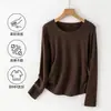 Camisa base fruncida de cuello redondo talla grande para mujer, versión engrosada para otoño e invierno, tela cepillada, hecha de seda ecológica, camiseta de manga larga, top adelgazante