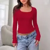 Camiseta Feminina de Manga Longa Slim Fit com Gola Quadrada, Venda Quente Transfronteiriça Amazon Europa e América, Top Curto para Camada Base