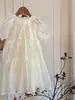 Vestido de Verano Nuevo Estilo 2026 para Niñas Medianas y Grandes, Vestido de Princesa Estilo Coreano, Elegante Vestido Largo con Mangas Abullonadas de Encaje, Liquidación
