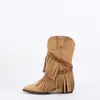 2026 Nuevo Estilo Botas Americanas con Borlas Botas de Vaquero Occidentales Botas de Media Pantorrilla Hebilla Cinturón Botas de Caballero Punta Fina Tacón Grueso Botines para Mujer