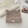 Chapéu de Tricô com Bordado de Orelha de Gato Doce e Fofo Carta Outono Inverno Cobertura Quente para a Cabeça Chapéu Solto Faz o Rosto Parecer Menor Chapéu Frio
