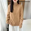 Outono e Inverno Novo Top de Gola Alta Torcida com Gola Alta Feminino 100% Lã Solto Preguiçoso Cardigan Suéter de Tricô com Zíper