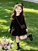 Vestido Negro de Otoño para Niña con Delicados Escotes en los Hombros, Vestido de Princesa de Manga Larga, Vestido Sencillo de Estilo Coreano con Cintura Ceñida y Corte en A