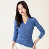 Yuyue Primavera e Verão Seda de Amora Canelada Cor Pura Camiseta de Manga Longa Feminina Simples Casual Slim Fina Top Feminino
