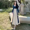 Vestido Patchwork Color Block Inspirado em Hanfu de Veludo Gola Quadrada Manga Bufante Feminino Outono Hanfu Melhorado Cintura Alta Saia Longa