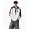 Moletom Cardigan Gola Alta Color Block Listrado Estilo Americano Masculino Marca Tendência Primavera e Outono Solto Casual Casal Roupa Esportiva Jaqueta Casaco