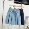 Foto Real de Pantalones Vaqueros de Color Sólido Lavados de Cinco Puntos, Pantalones de Dos Piezas Falsos, Falda de Talla Grande, Pantalones Anchos Holgados, Pantalones Falda Arrugados de Verano para Mujer