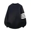 Suéter de Punto para Hombre Cuello Redondo Cuatro Rayas Otoño Invierno Calibre Grueso Engrosado Mangas Rayadas Holgadas Top Pulóver