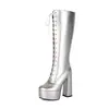 Botas femininas de moda de cor sólida com salto ultra-alto, botas de cano alto de tamanho grande para outono e inverno, bico redondo, plataforma impermeável, botas femininas de couro patenteado transfronteiriças, versátil