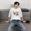 Camiseta de Manga Corta para Hombre, Marca de Moda, Ajuste Holgado de Verano, Manga de Tres Cuartos, Nuevo Modelo 2026, Estilo de Celebridad de Internet, Top Sencillo Estampado