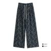 Pantalones Largos de Terciopelo Cómodos, Azul Marino con Estampado Paisley, Cubre Cadera, Doble Pinza Casual, Adelgazantes, Pierna Ancha, para Otoño
