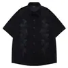 Camisa Casual Cool Estilo Americano Bordado Floral Modelagem Solta Cool Unissex Manga Curta Camisa de Veludo Cotelê Tendência para Adolescentes
