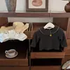 NingliBasque! Conjunto de outono super fofo para meninas: camiseta assimétrica com gola de boneca e calça casual