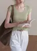 Top de punto de manga corta con cuello en U para mujer, nuevo de verano 2023, camiseta básica ajustada