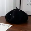 Boina de Lana Cosida a Mano con Decoración de Piedras para Mujer, Sombrero de Artista Casual Versátil para Invierno, Elegante y Cálido Sombrero de Calabaza