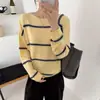 Suéter tejido casual a rayas con bloques de color para mujer, corte holgado, estilo coreano de otoño, suéter de forro polar con diseño de oso miel adelgazante, top básico versátil