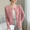 Vermelho-esbranquiçado ~ Cardigan grosso de cashmere torcido, jaqueta suéter de gola redonda para outono e inverno para mulheres, suéter de lã tricotado slim fit