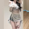 Conjunto de Traje de Baño de Tres Piezas al por Mayor para Mujer, Estilo Halter, Cubre-traje Azul Tie-Dye, Ceñidor de Cintura Sexy, Traje de Baño Dividido para Aguas Termales para Mujer