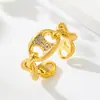 Corrente de Nariz de Porco Dourada Escovada de Luxo Leve Anel Aberto Liga de Cobre Galvanoplastia de Ouro Real Anel Ajustável Micro-Embutido Anel