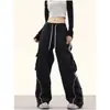 [Exclusivo para o Sudeste Asiático] Calças Retas de Perna Larga com Contraste Estilo Americano High Street para Dança de Rua Feminina Retro Hip-hop Calças Enroladas