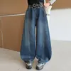 Jeans Plateados Brillantes Estilo Coreano Otoño Nuevo para Niñas Estudiante Niños Grandes Primavera y Otoño Pantalones de Guadaña Holgados Pantalones de Pierna Ancha Adelgazantes