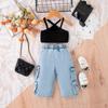 Comercio Exterior Europa y Estados Unidos Verano Nuevo Traje de Niña Dulce y Cool para Niños Top de Tirantes Pantalones de Mezclilla Riñonera Producto Nuevo