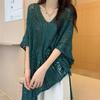 Estilo coreano V-neck Hollow-out Knitted Sweater Mulheres Summer Fishing Net Ice Silk Sunscreen Blusa manga curta solta Loose Loose Top