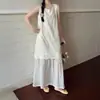 Vestido Chaleco Falso de Dos Piezas sin Mangas Verano 2025 Nuevo Corte de Alta Gama Borde de Seta Falda Elegante de Longitud Media para Mujer