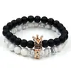 Conjunto de joyería para pareja transfronterizo: Set de pulseras con corona incrustada de diamantes, piedra volcánica mezclada con piedra mate negra, diamante negro