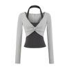 Camiseta Feminina da Moda Color-Block Falsa Duas Peças Manga Longa 2025 Design de Outono Decote Halter Justa Base Top Curto