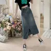 Falda midi de mezclilla de cintura alta talla grande para piernas gruesas, de mujer, cubre la carne, luce esbelta, con abertura, falda de línea A