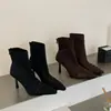 Botas de tornozelo femininas de malha elástica com patchwork! Bico fino, salto agulha, design com zíper traseiro, abraça o tornozelo, emagrecimento, saltos altos