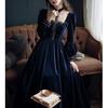 Vestido Azul de Terciopelo Estilo Hepburn Francés para Mujer en Otoño Vestido Vintage Princesa Fugitiva